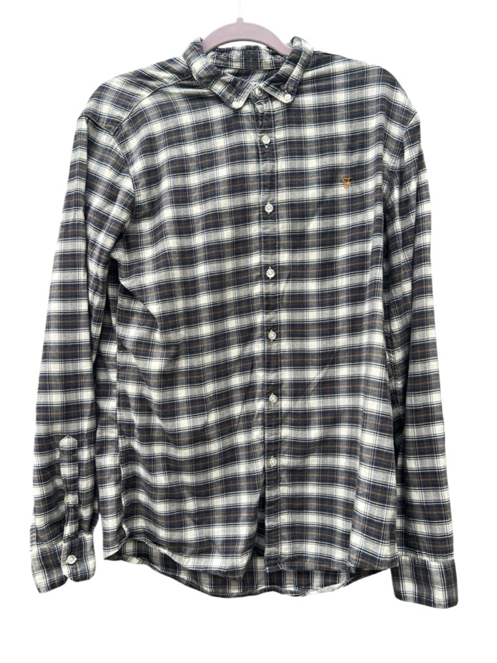Farah Men's Large Slim Fit Grey Plaid Long Sleeve Button Down Cotton Shirt